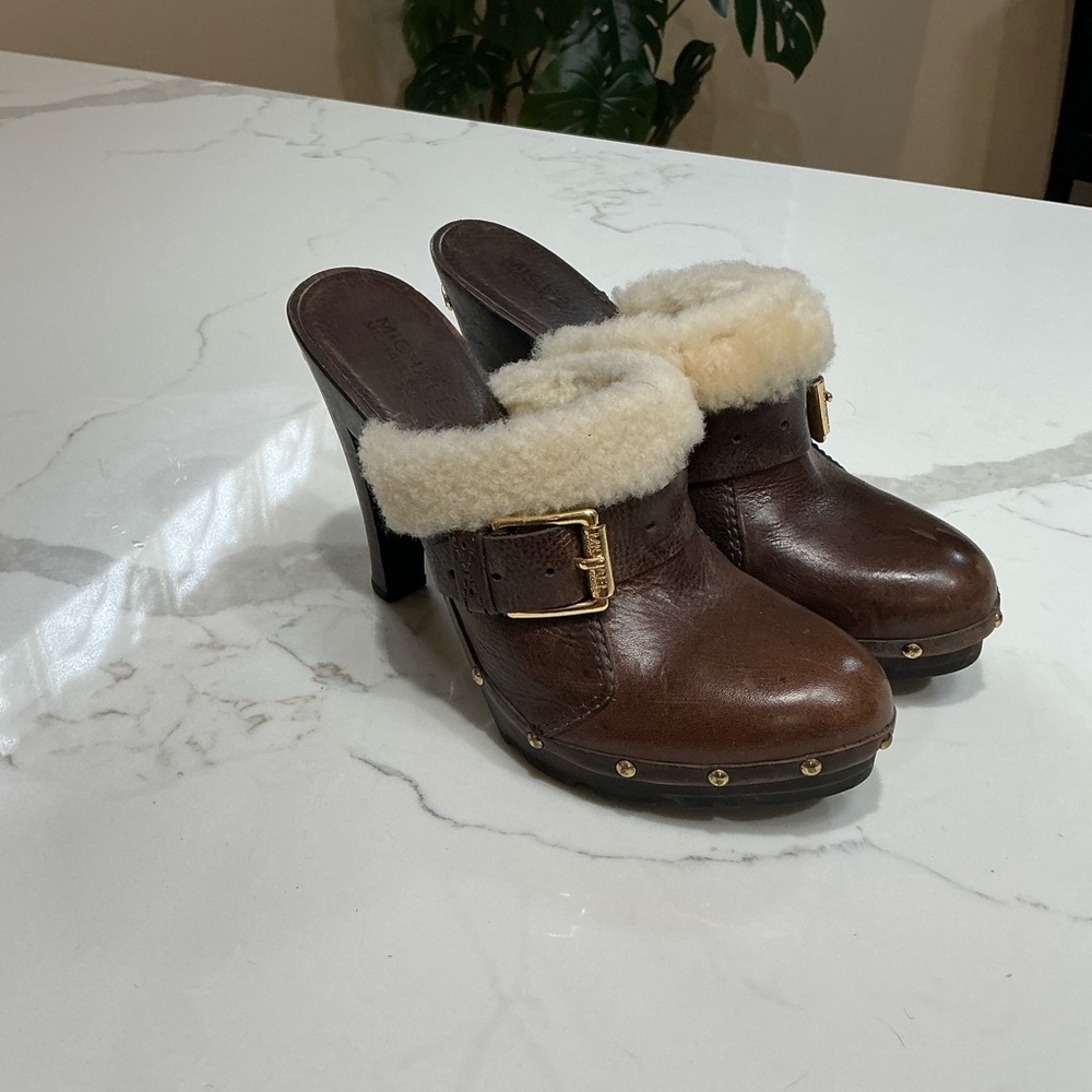 Michael Kors Brown Leather Shearling platform Clog Heels with Gold Buckle